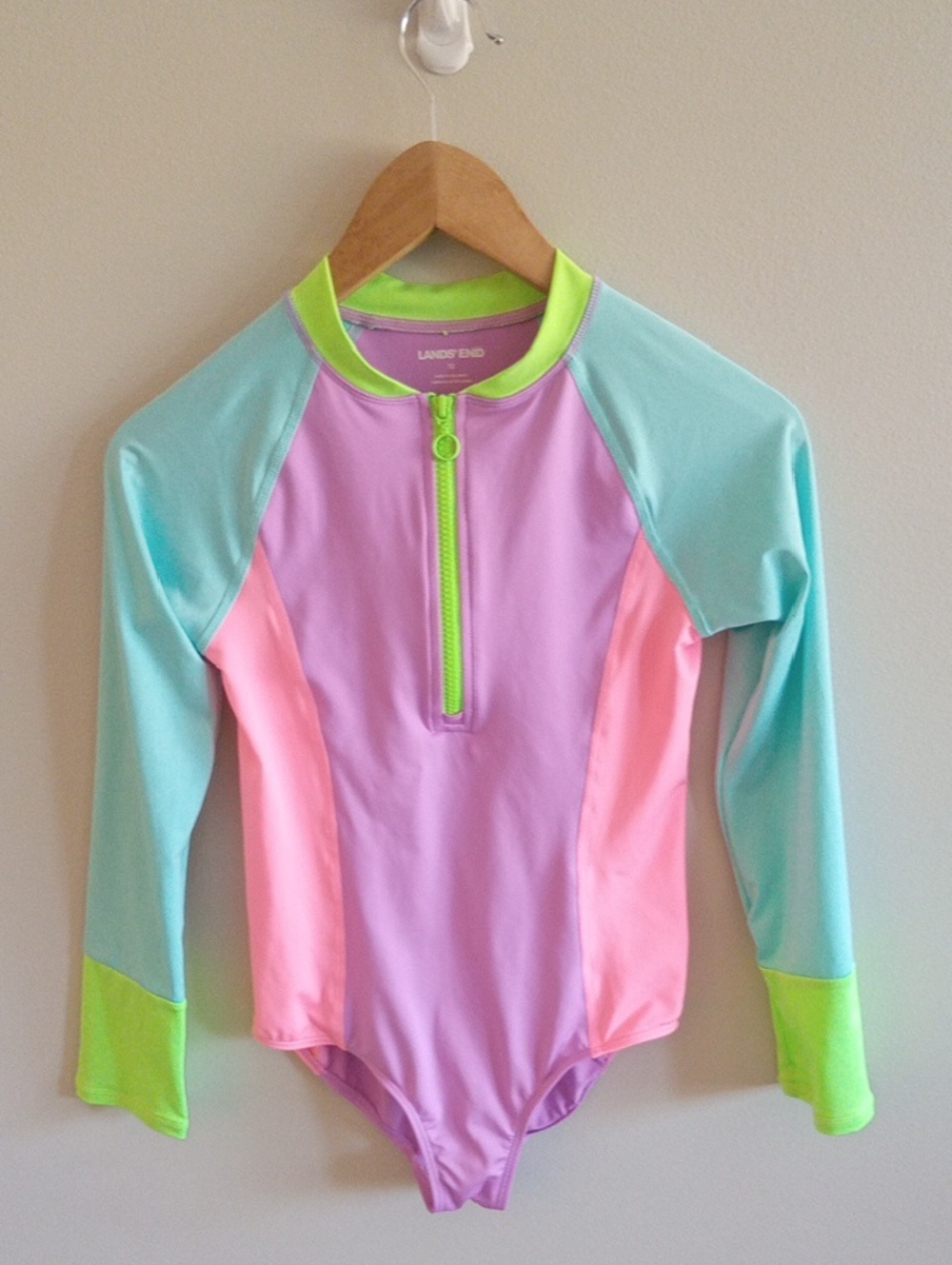 Lands' End Girls' Long Sleeve Colorblock Rash Guard Swimsuit Size 12